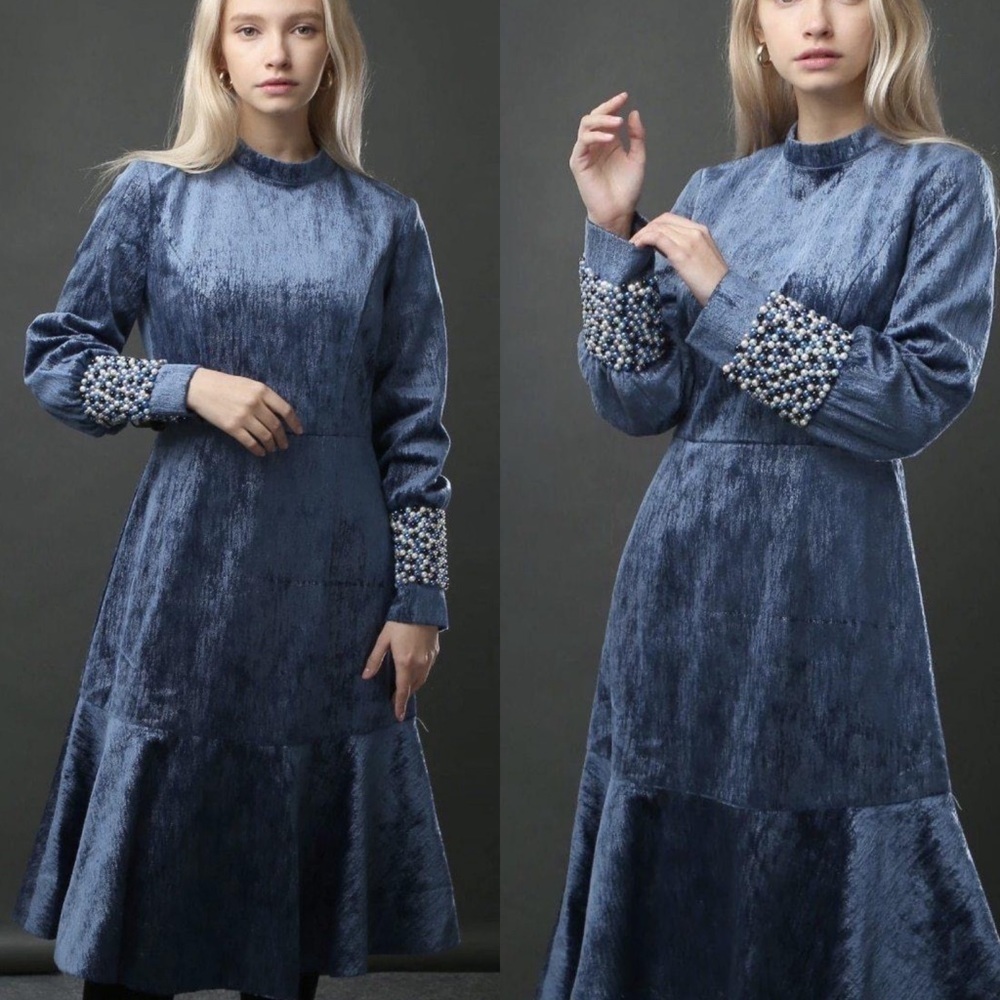 Sophie Marand Pearls Cuff Velvet Dress Blue Size 2